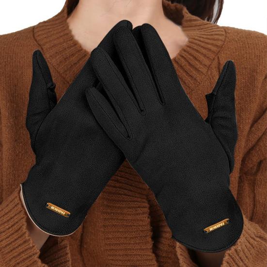 1 Pair Winter Cycling Gloves for Women Men Solid Color Touch Screen Five Finger Gloves Plush Lining Skiing Gloves
