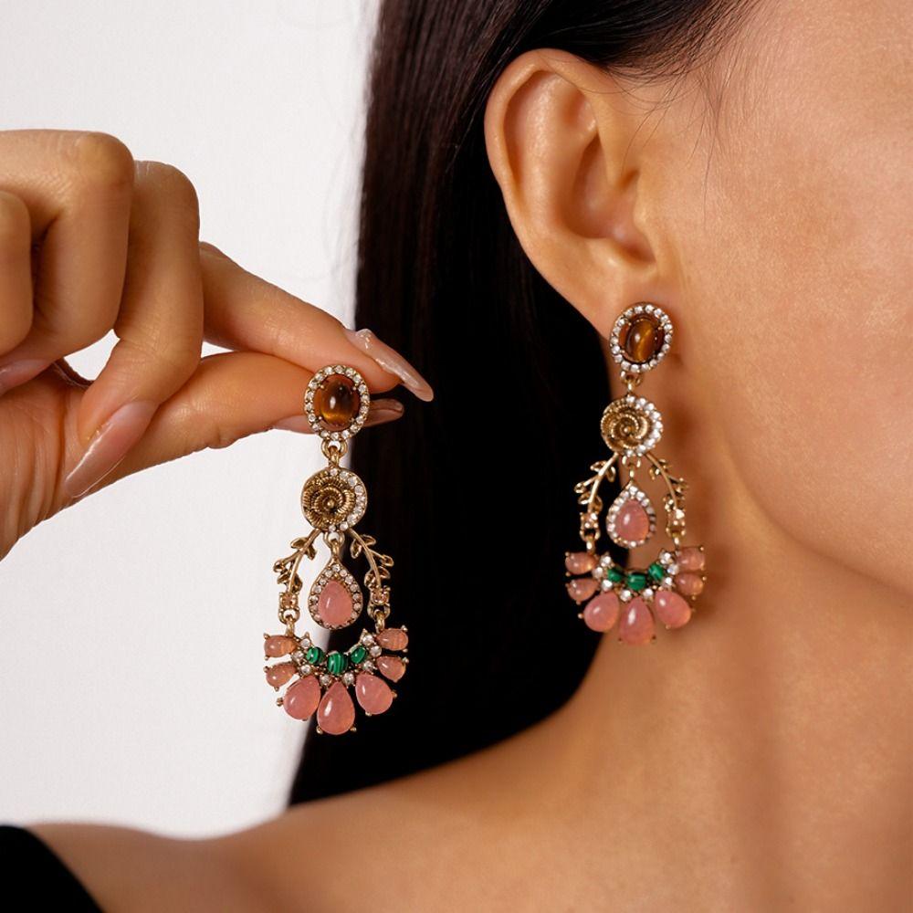 Inlaid Rhinestone Flower Necklace Earring Trendy Clavicle Chain Pink Water Drop Necklace  Party
