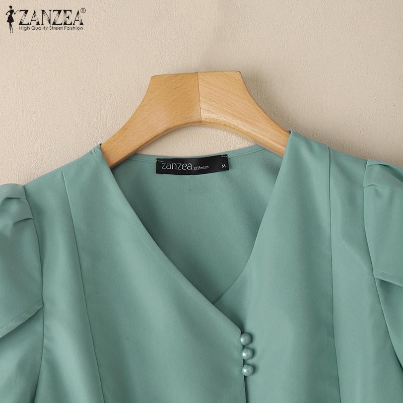 ZANZEA Women Casual V-Neck Solid Color Short Sleeve Blouse
