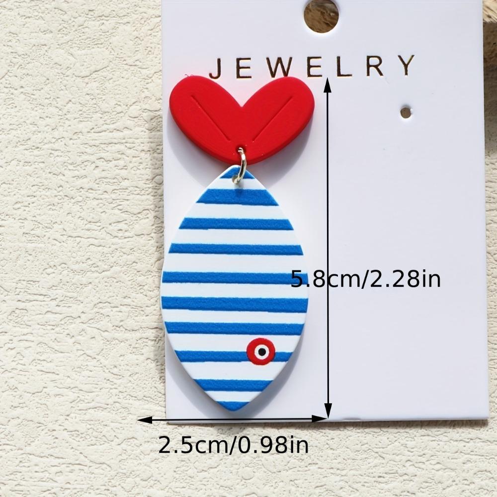 Creative Cartoon Ocean Blue Striped Printed Fish Red Heart Stainless Steel Ear Hook Dangle Earrings for Women Cute Trend Jewelry