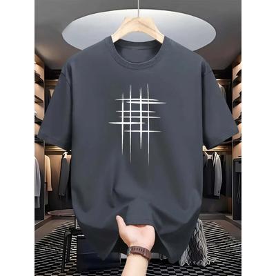 Men's Summer Cotton Fashionable Casual Loose Plus Size Graphic Line Printed Sports Round Neck Short Sleeved T-shirt Top