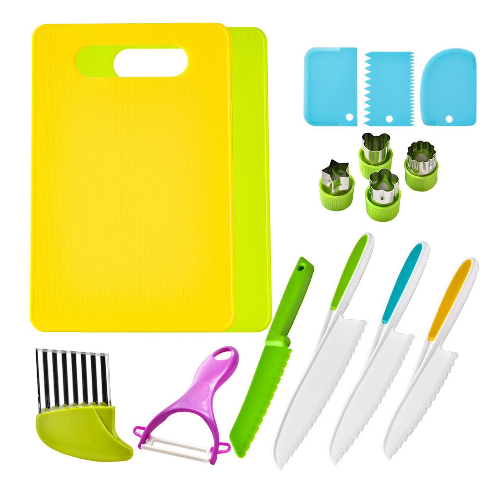 Kolip 15 Pieces Kitchen Tools Kids Cutting Board Crinkle Cutter Peeler Serrated Edges Fruit Cutters Shapes Set 15-piece