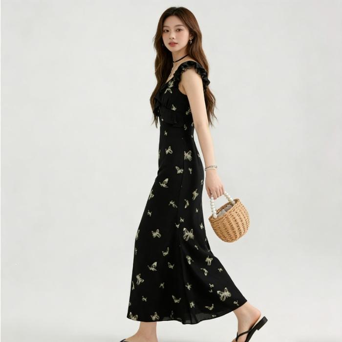 Feifei Sleeve Butterfly Printed Fishtail Dress Black Waist Medium and Long Small Sleeveless Dress Women s Summer S чёрный
