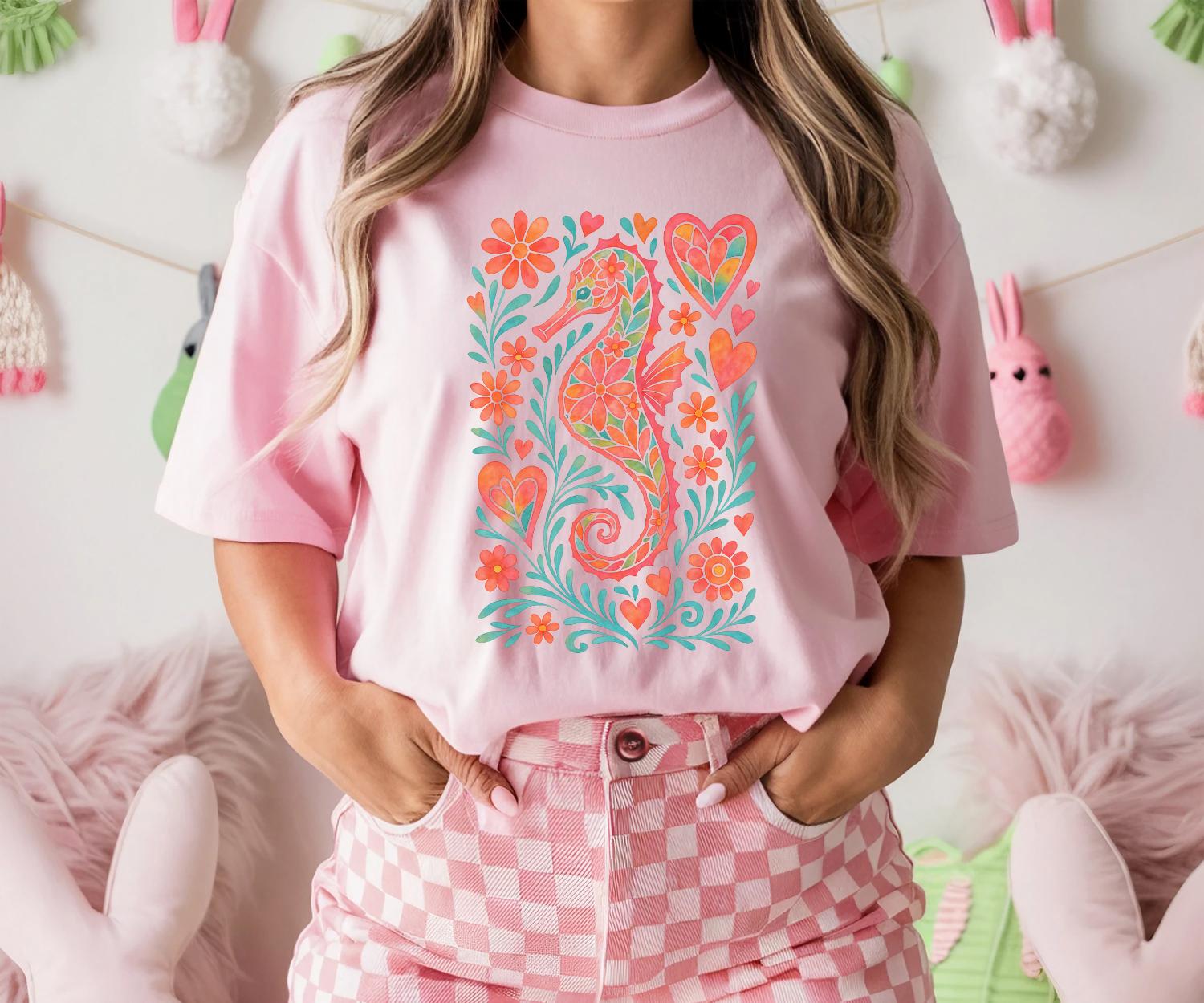 Plus Size Summer Womens Vintage Floral Seahorse Print TShirt  Cotton Breathable Stylish Versatile Street Style Oversized XL