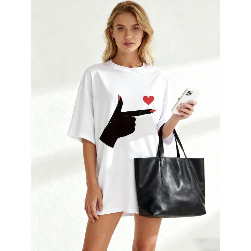 Oversized T Shirt Black Hand Pointing Heart Print Casual Streetwear Summer Top For Women