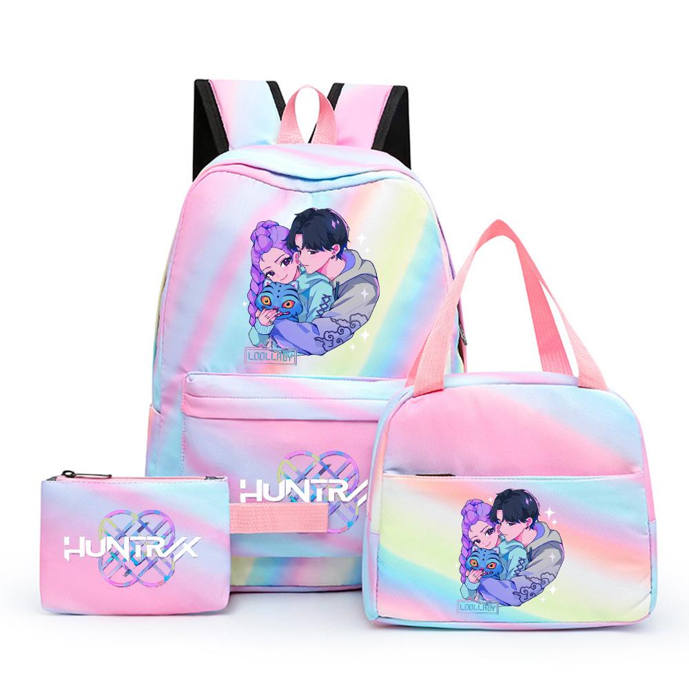 3 st/set Anime Söt Kpop Tryckt Ryggsäck med Matlåda Pennfodral för Tonårsflicka Pojke Bokväska Stor Kapacitet vattentät Resväska Barnpresent