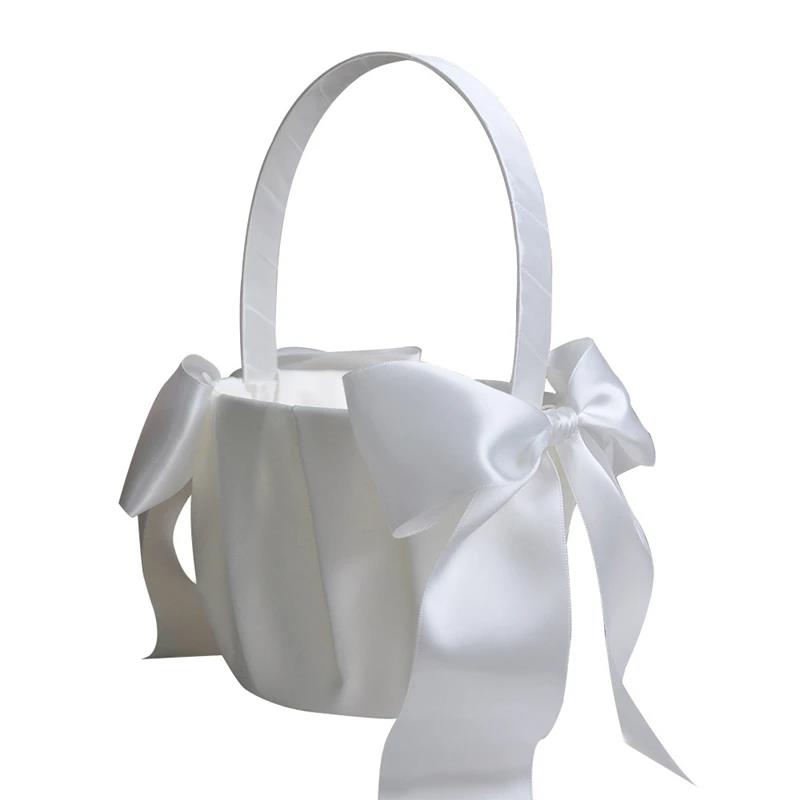 Silk White Flower Basket Handheld for Brides Girls Kids Wedding Ceremony Party Decorations Handheld Floral Basket