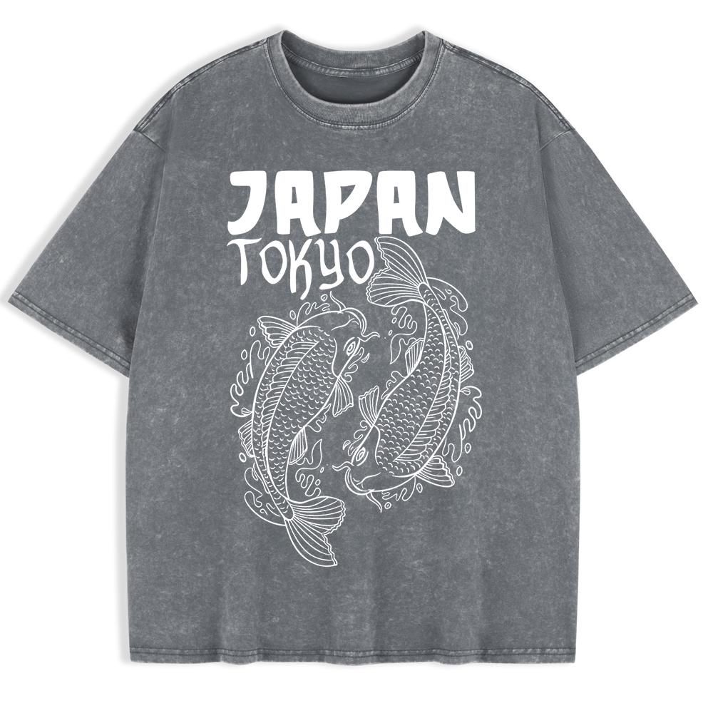 Japanese Koi Harajuku Printed Washed T-Shirts Mens Cotton Oversize T Shirt Summer O-Neck Short Sleeve Tops Clothes