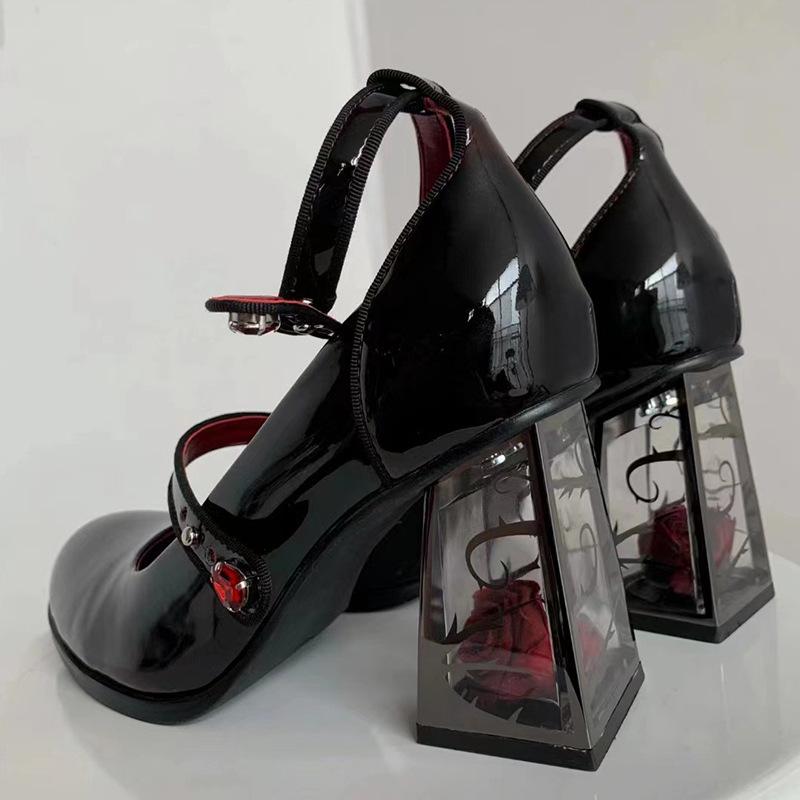 Fashion Vintage Mary Jane Pumps with Rose Thick Heels for Women European and American Style High Heels Lolita Jk Shoes Wine Red Rose