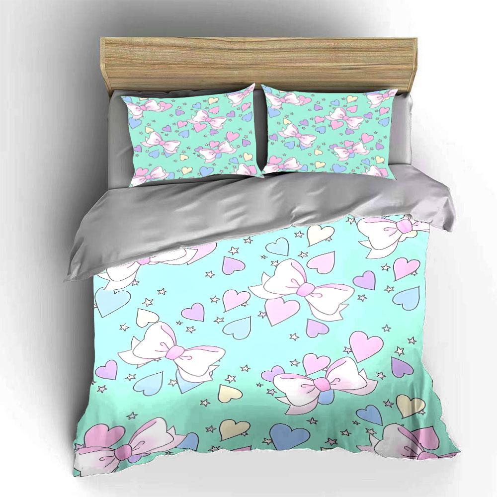 Set con Motivo Pastello di Fiocchi e Cuori Decorazione per Camera da Letto di Bambini e Adulti, Squisito Set Copripiumino a Tre Pezzi Regalo