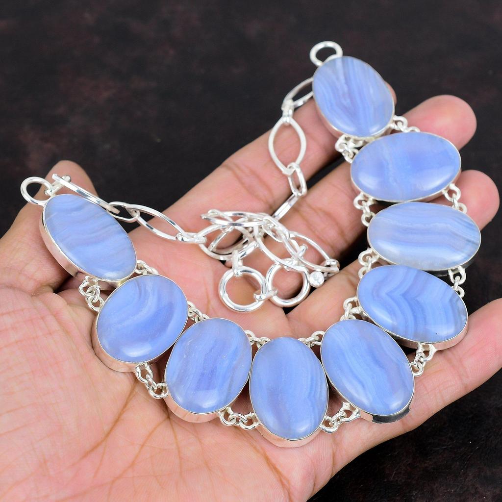 Blue Lace Agate Gemstone Necklace Handmade Jewelry 925 Sterling Silver Necklace Adjustable Chain Necklace Designer Jewelry Gifts for Mother