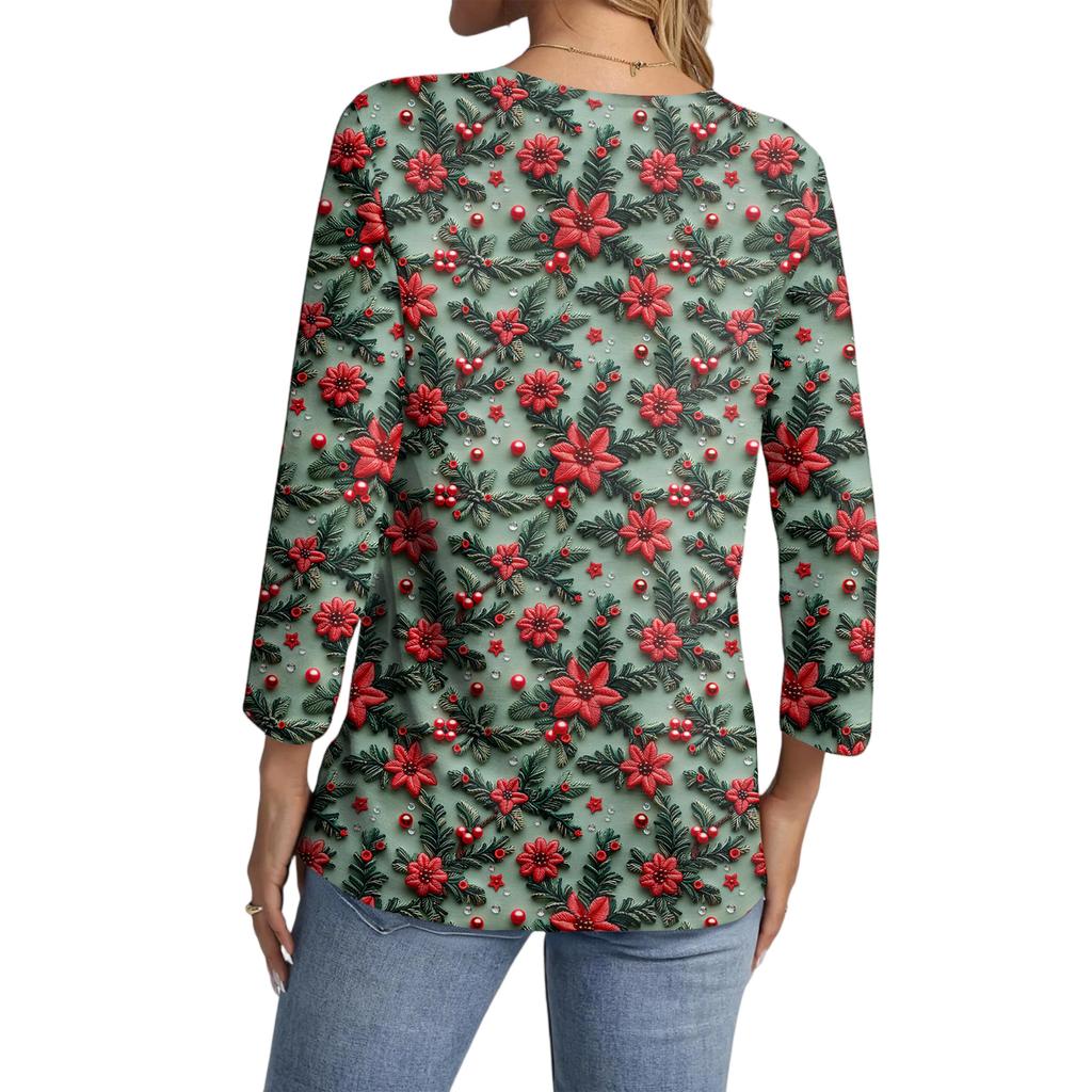 Women's Casual Fashionable Sexy Comfortable V-Neck Christmas Three-Quarter Sleeve Top