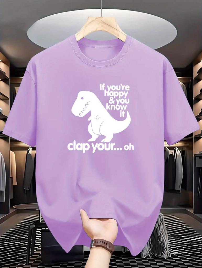 Men's Dinosaur Overlord Print T-Shirt - Casual Crew Neck, Regular Fit, Slight Stretch, Summer Short-Sleeve Tee - 180gsm
