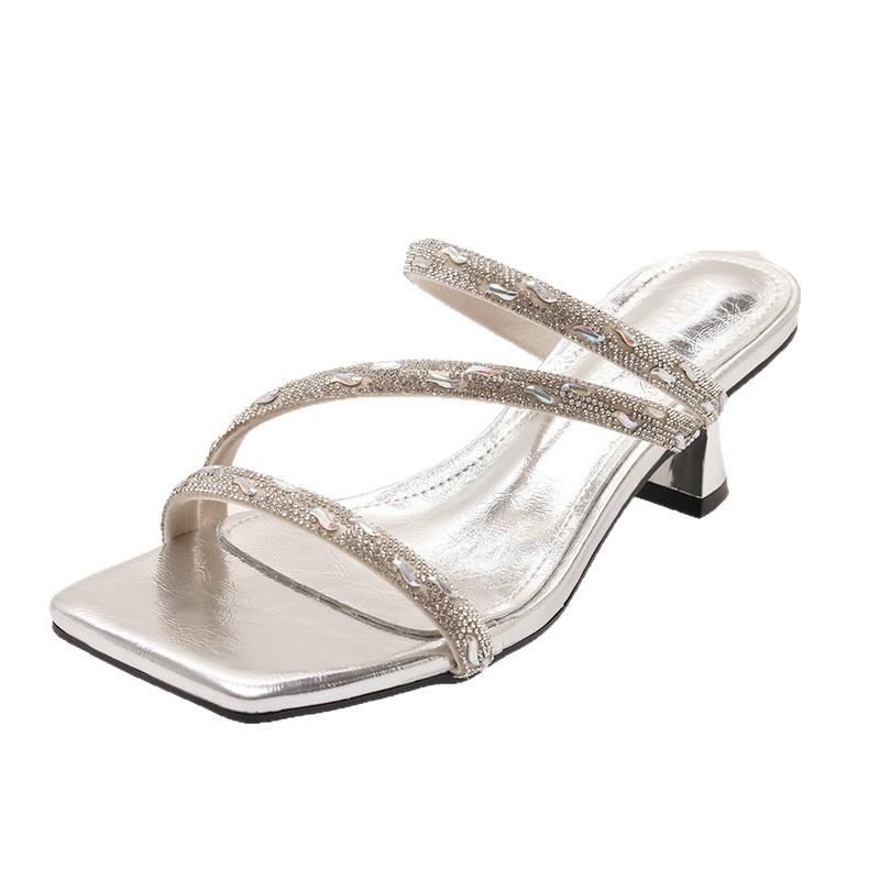 French beautiful high heels slippers women's summer wear 2025 new skirt thick heel silver sandals
