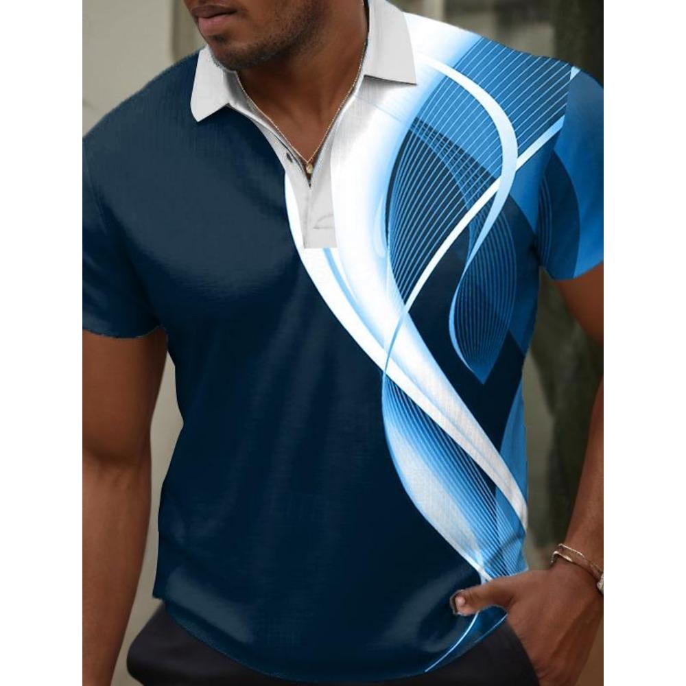 Men's Fashion Golf Collar T-shirt Casual 3D Printed Polyester Short Sleeve Collar T-shirt Micro Elastic Collar T-shirt