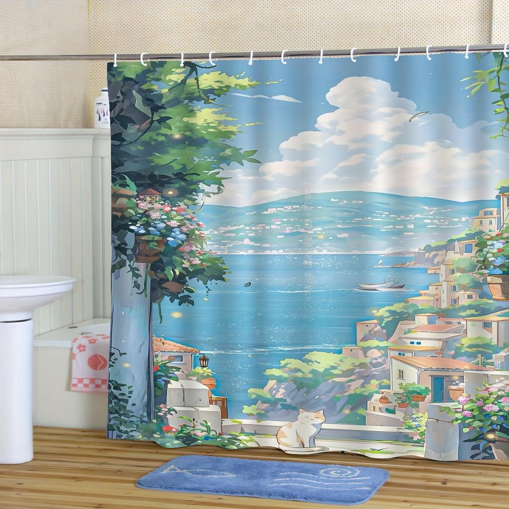 Coastal Cityscape Shower Curtain - Polyester Decor, Vibrant Beach Town Artwork, All-Season Use, Artistic Bathroom Accessory