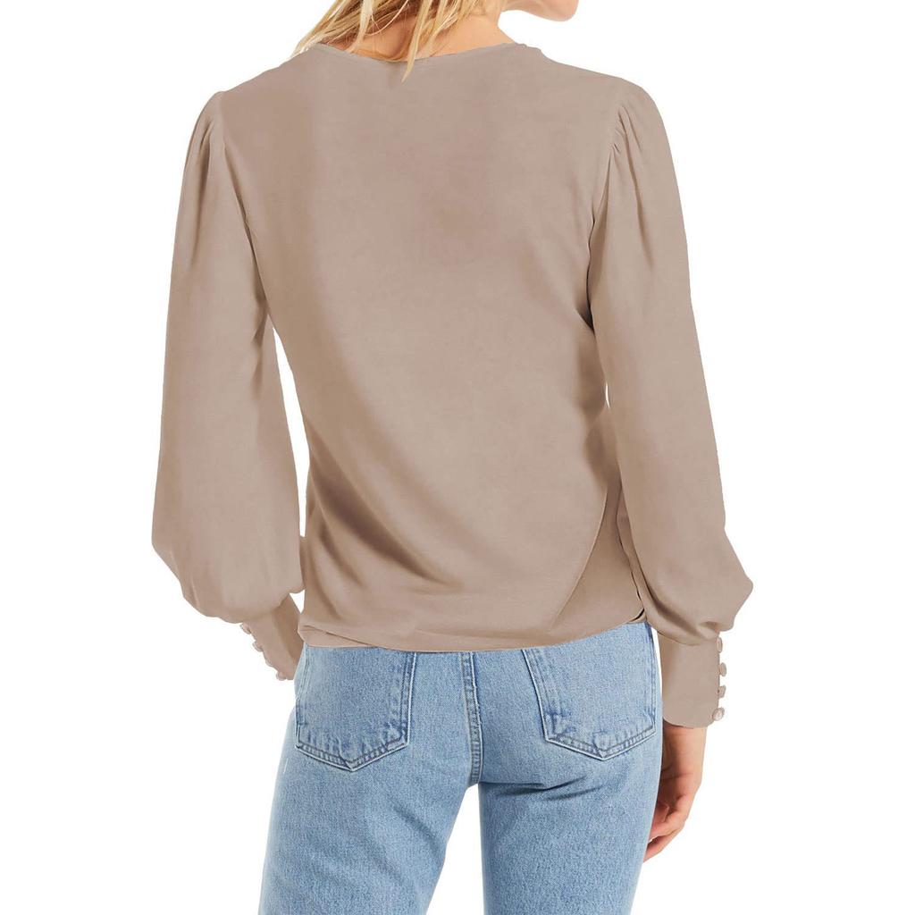 Damen Langarm T-Shirts Rundhals Puffärmel Chiffon Pullover Shirts Einfarbig Bluse Tops
