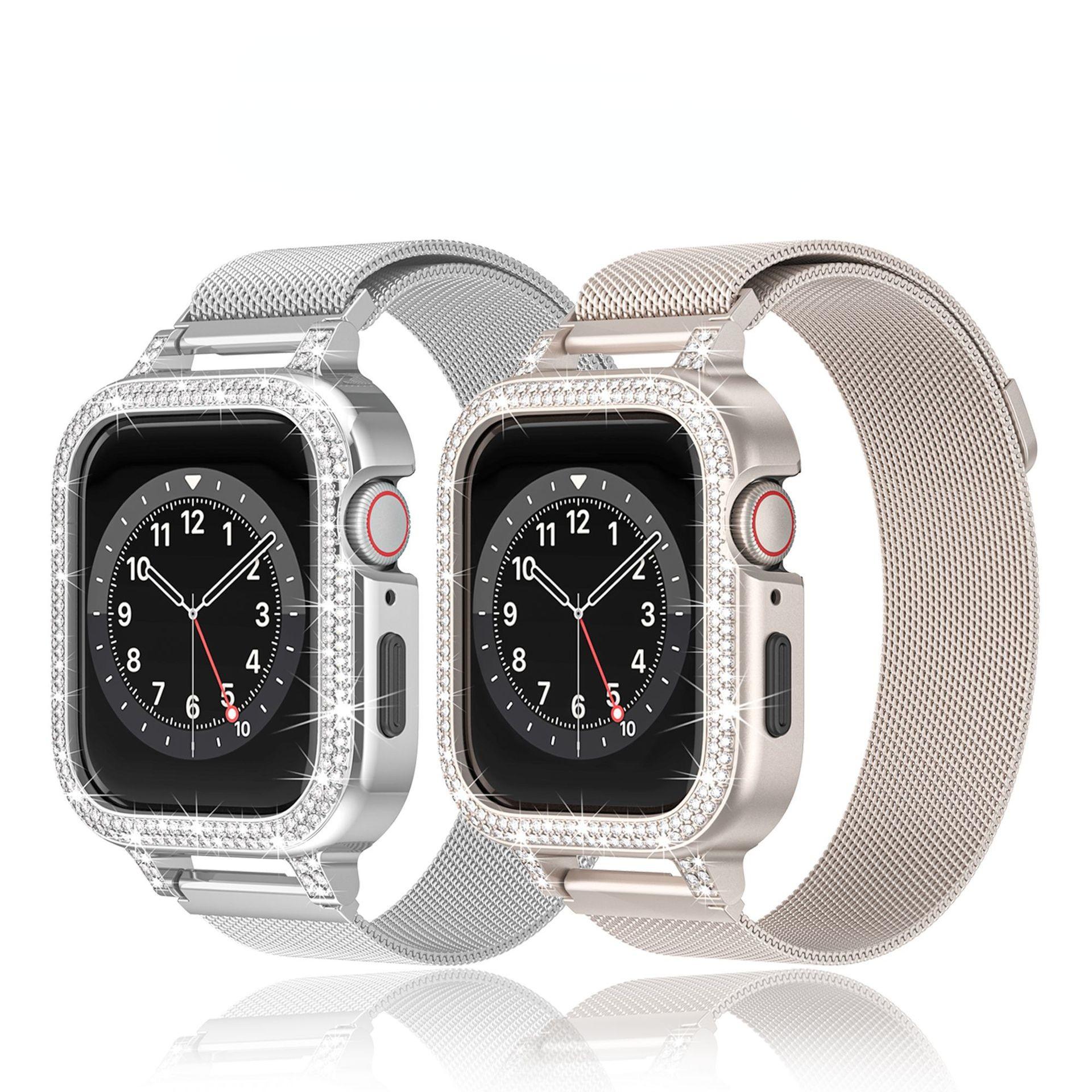 

Роскошный металлический ремешок + чехол для Apple Watch Series 9 8 7 6 5 SE 4 38/40/41/42/44/45 мм браслет с бриллиантами и жемчугом для iWatch UItra 2 40mm