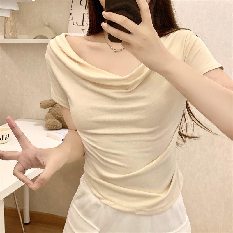 

Милая однотонная футболка с открытыми плечами, драпированным вырезом и облегающего кроя из модала - Шикарный летний нишевый дизайн для женщин Extra Large абрикосовый