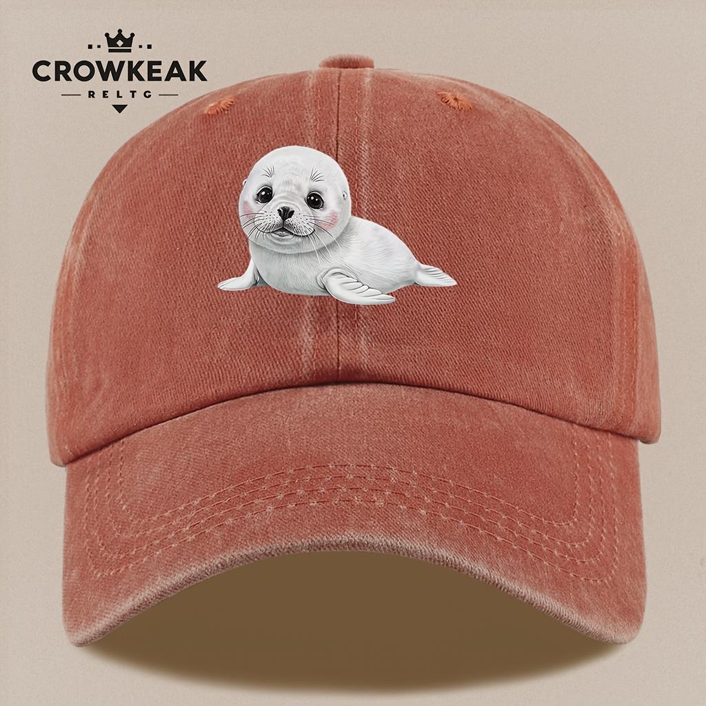 Pc Niedliches Cartoon-Robbenmuster-Design Gedruckte Baseballkappe Schwarz Papa Trucker-Hut Atmungsaktiv Bequem Einfarbig Einfach Retro S