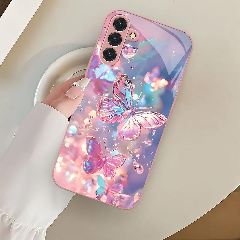 Beautiful Butterfly Metallic Glass Phone Case Suitable for Samsung Galaxy S26 S25 S24 S22 S21 S20 FE/Ultra/Plus Anti Drop