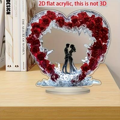 2D Flat Bohemian-Style Heart Acrylic Desk Decor Plaque, Romantic Couple & Red Roses, Suitable for Wall Decoration, Porch, Room, Villa, Accents Home, H