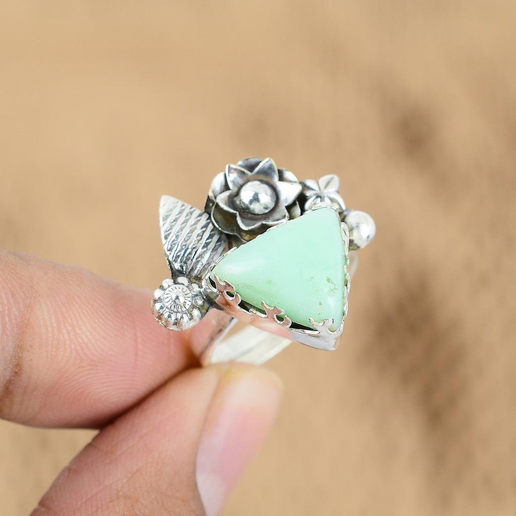 Mothers Day Sale Brazilian Chrysoprase Gemstone 925 Silver Flower Promise Ring