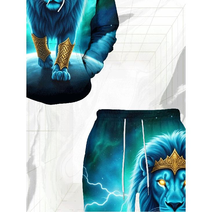 Men's Trendy Street Style Hooded Sweatshirt And Long Pants Set with Starry Lion 3D Print, Casual Sports 2pcs Set, Versatile Fashion Streetwear
