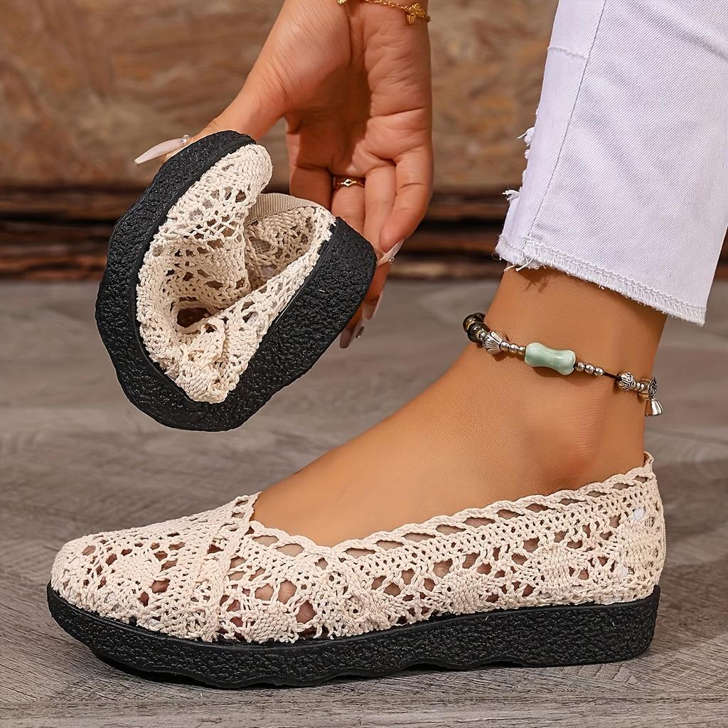 Women'S Casual Stylish Breathable Slip-On Shoes - Women'S Mesh Shoes with A Fabric Design, Hollow Lace Details, Flat Shoes Women