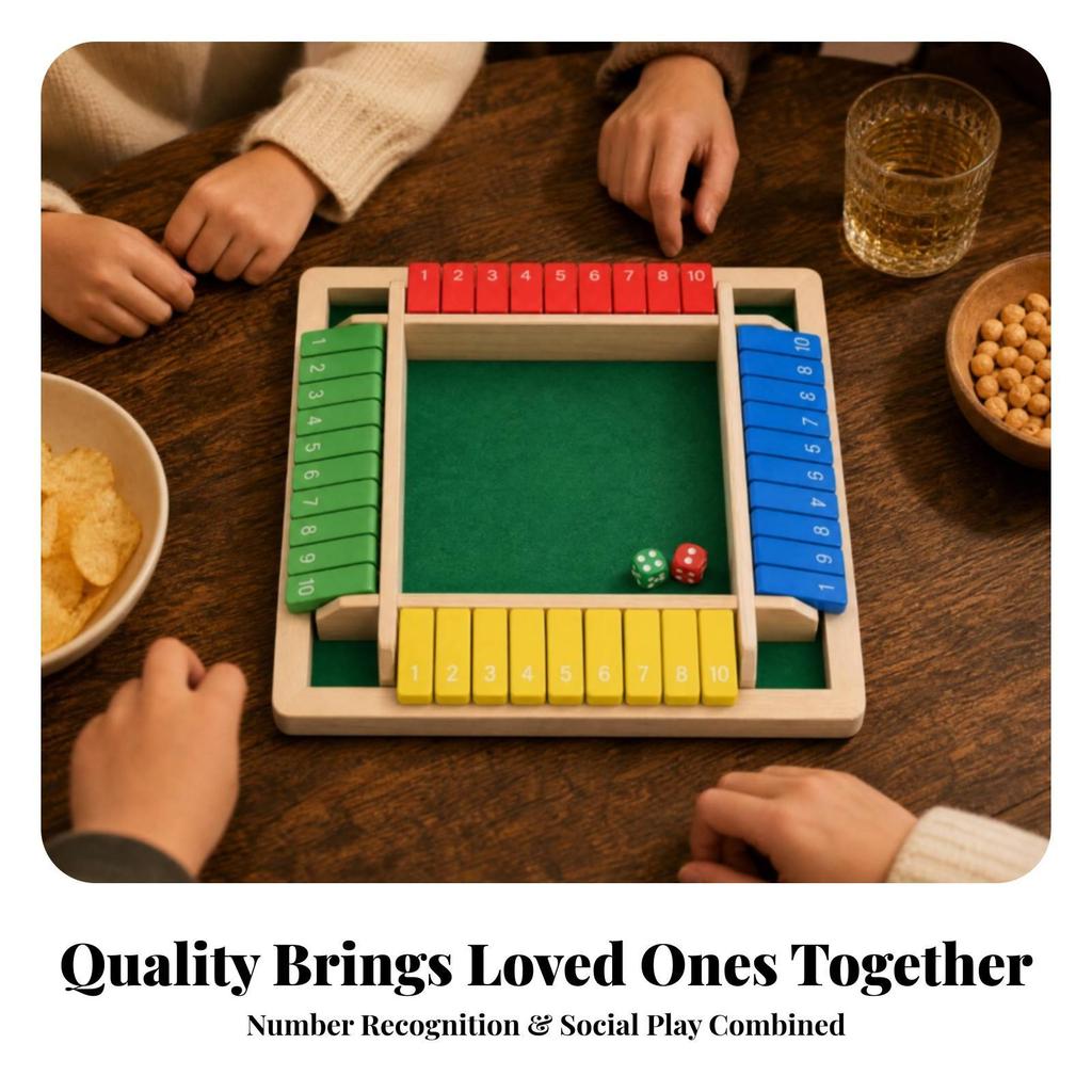 Four Sided Flip Number Board Game Sturdy Wooden Tile with Dice for Families, Casual
