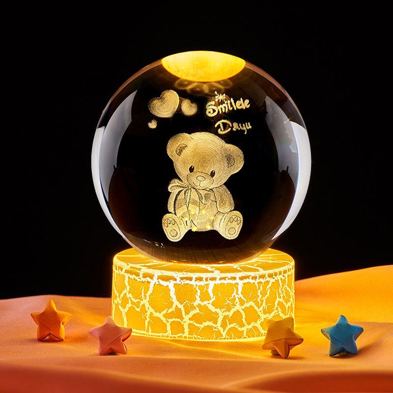 Luminous Teddy Bear Crystal Ball Night Light with Wooden Base - Creative Desktop Decoration Gift.