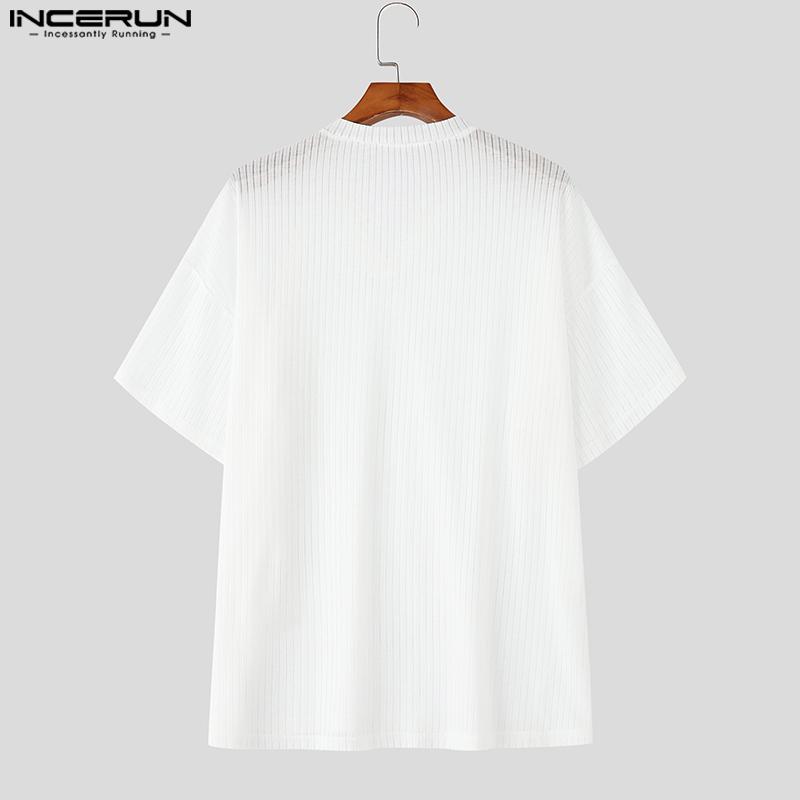 INCERUN Men Short Sleeves Solid Color See Through Casual Loose T-Shirts