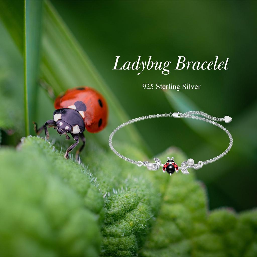 Ladybug Bracelet, Made of 925 Sterling Silver, Hypoallergenic, Ladybug Leaf Bracelet, Ladybug Accessory, Women's