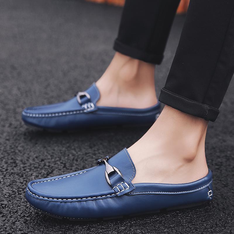 Fashion Leather Men Half Slippers Summer Breathable Mens Casual Shoes Slip-on Lazy Driving Shoes Comfortable Walking Loafers Moccasins
