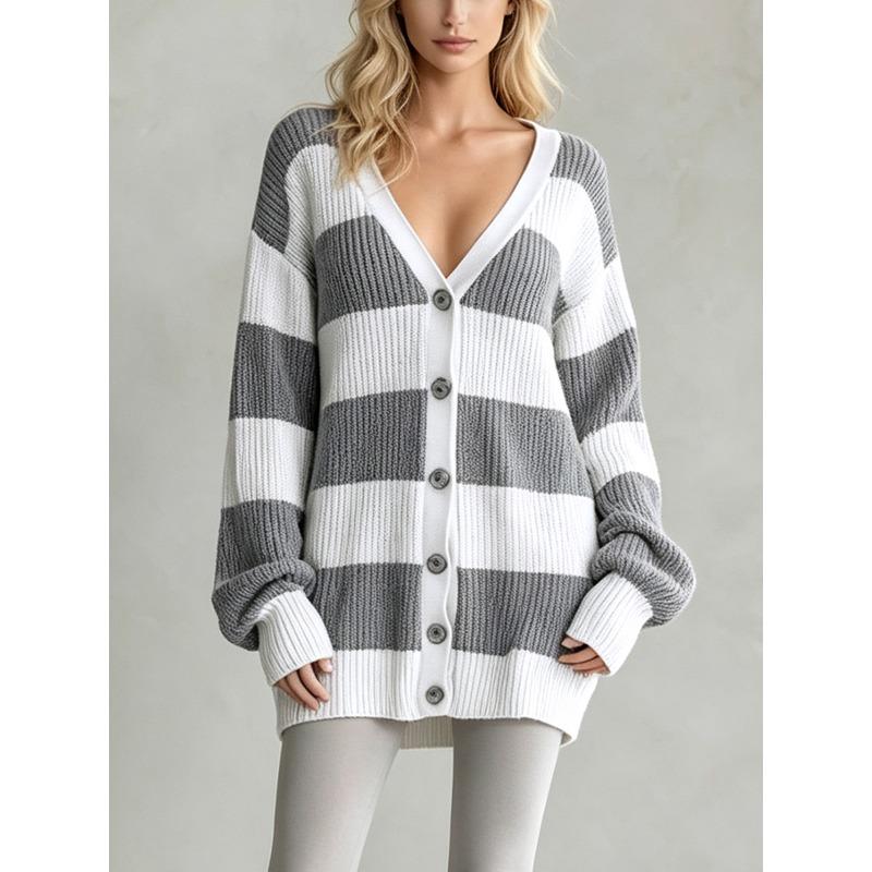 Women's clothing autumn and winter new lazy wind striped knitted sweater long-sleeved breasted cardigan sweater jacket