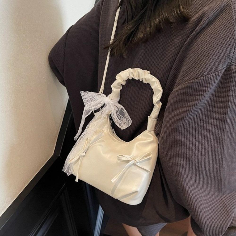 Pleated Evening Handbag Beige Underarm Bag Sweet Bow PU Shoulder Bag Travel