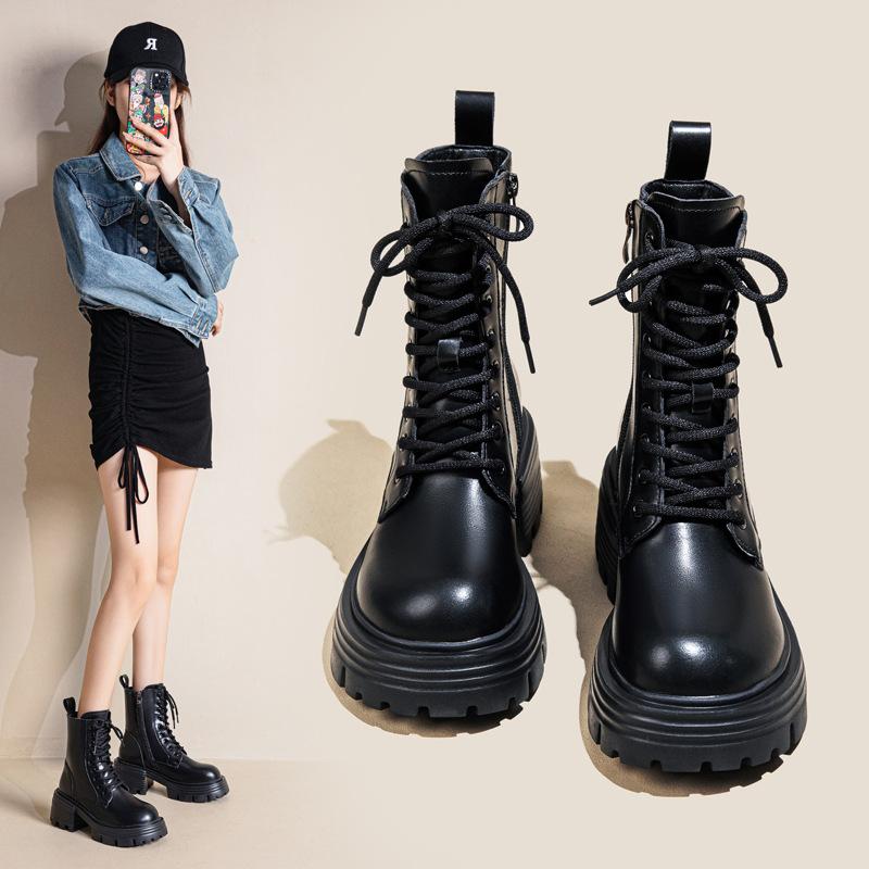 

Женские кожаные ботинки Мартин на толстой подошве в британском стиле 2025 новые короткие ботинки на высоком каблуке с небольшой платформой, универсальные, весенне-осенние 34