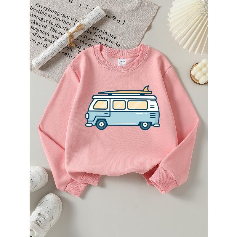 European sizes Van Surfboard Adventure Road Trip Girls' Crew Neck Fashion Sweatshirt, Autumn Winter Western Top, Long Sleeved Casual.