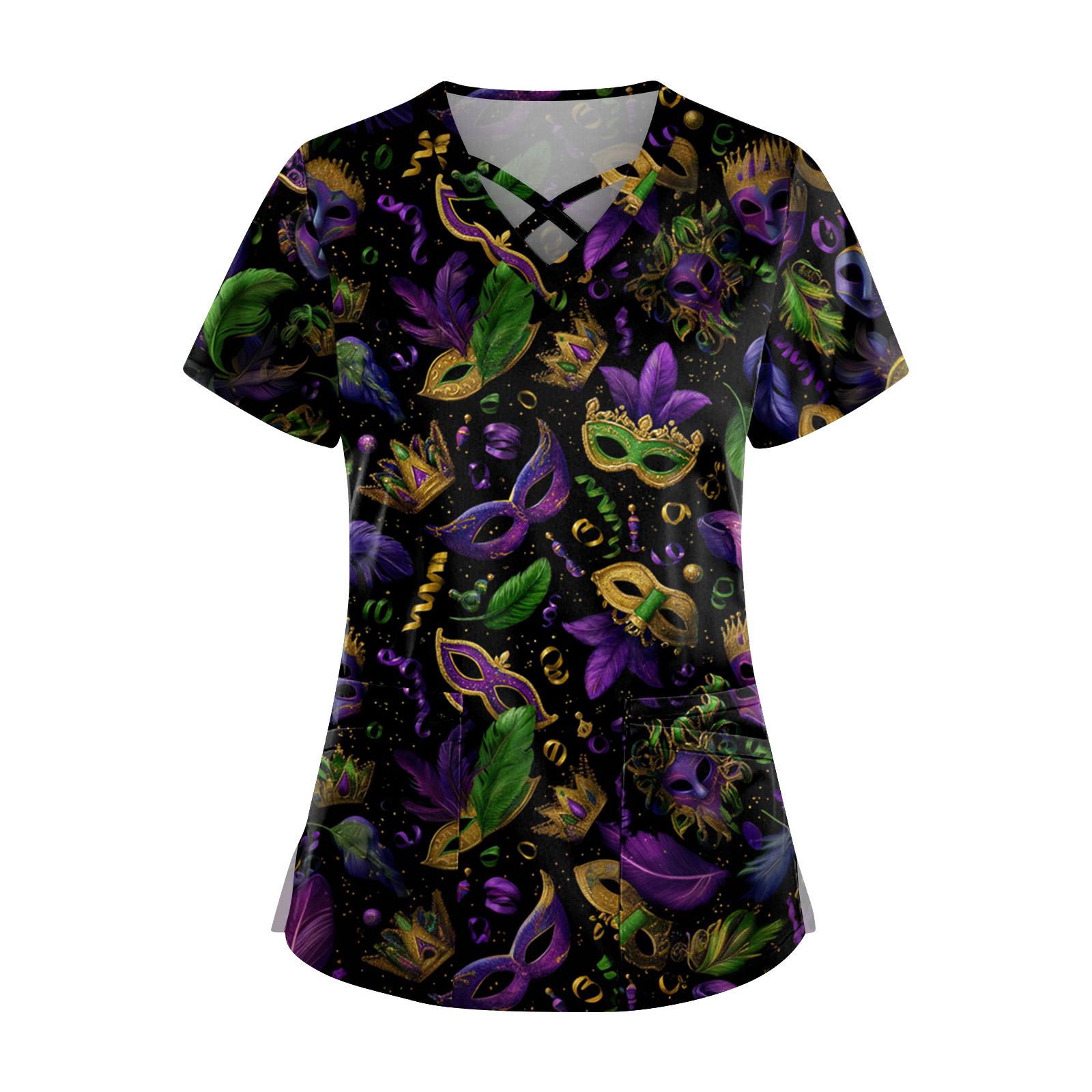 

Женский топ с коротким рукавом, ступенчатым V-образным вырезом, принтом и карманом, быстросохнущий L тёмно-синий