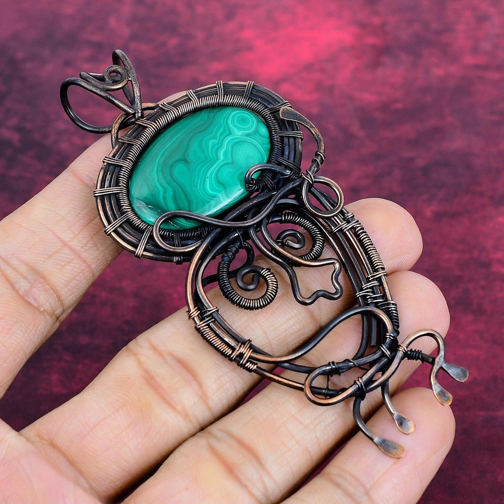 Malachite Pendant Handmade Gemstone Pendant Copper Wire Wrapped Antique Jewelry