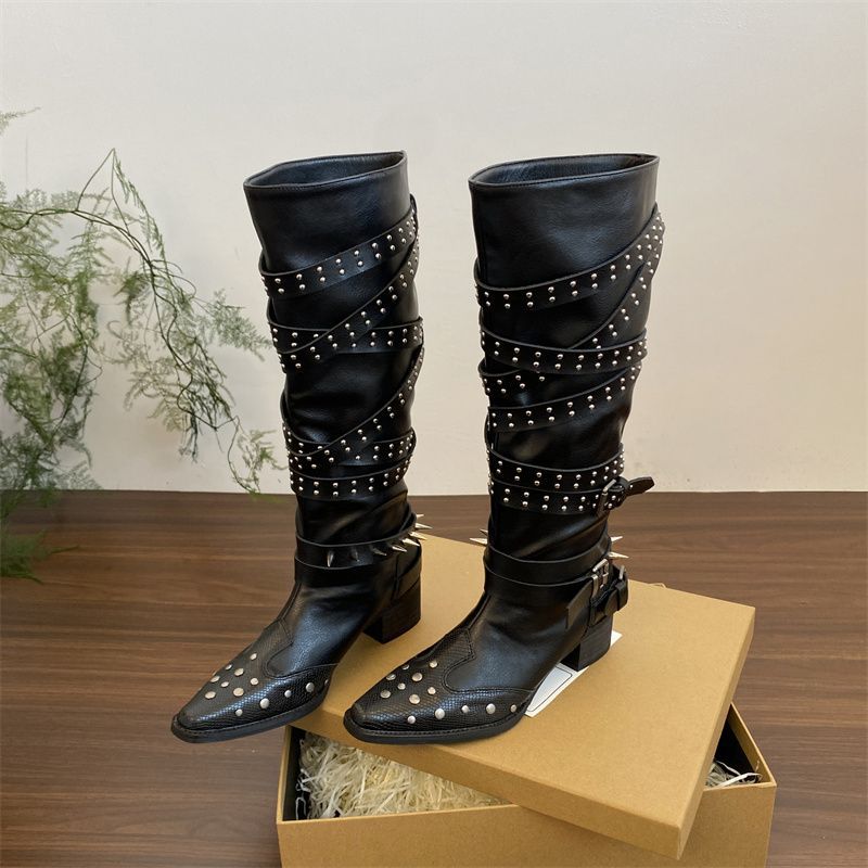 

Ботинки Женские Летние Тонкие 2025 Новые Британский Стиль Заклепки Толстый Каблук Ботинки Пряжка Ремень Вестерн Ковбойские Ботинки 40