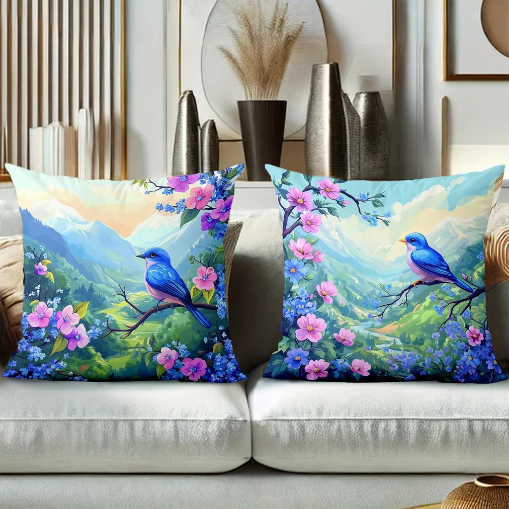 Blue Bird Flower Mountain Scenery Pattern Cushion Cover Polyester Pillowcase, Sofa Decorative Cushion Cov Headboard Pillow
