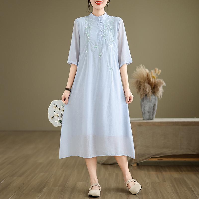2025 Summer New Embroidered Stand-up Collar Chinese Tea Clothes Retro Double-layer Loose Printing Dress