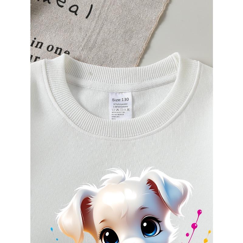 Girls' Crewneck Sweatshirt Colorful Paint Splatter Puppy Art Machine Washable, Spring And Autumn