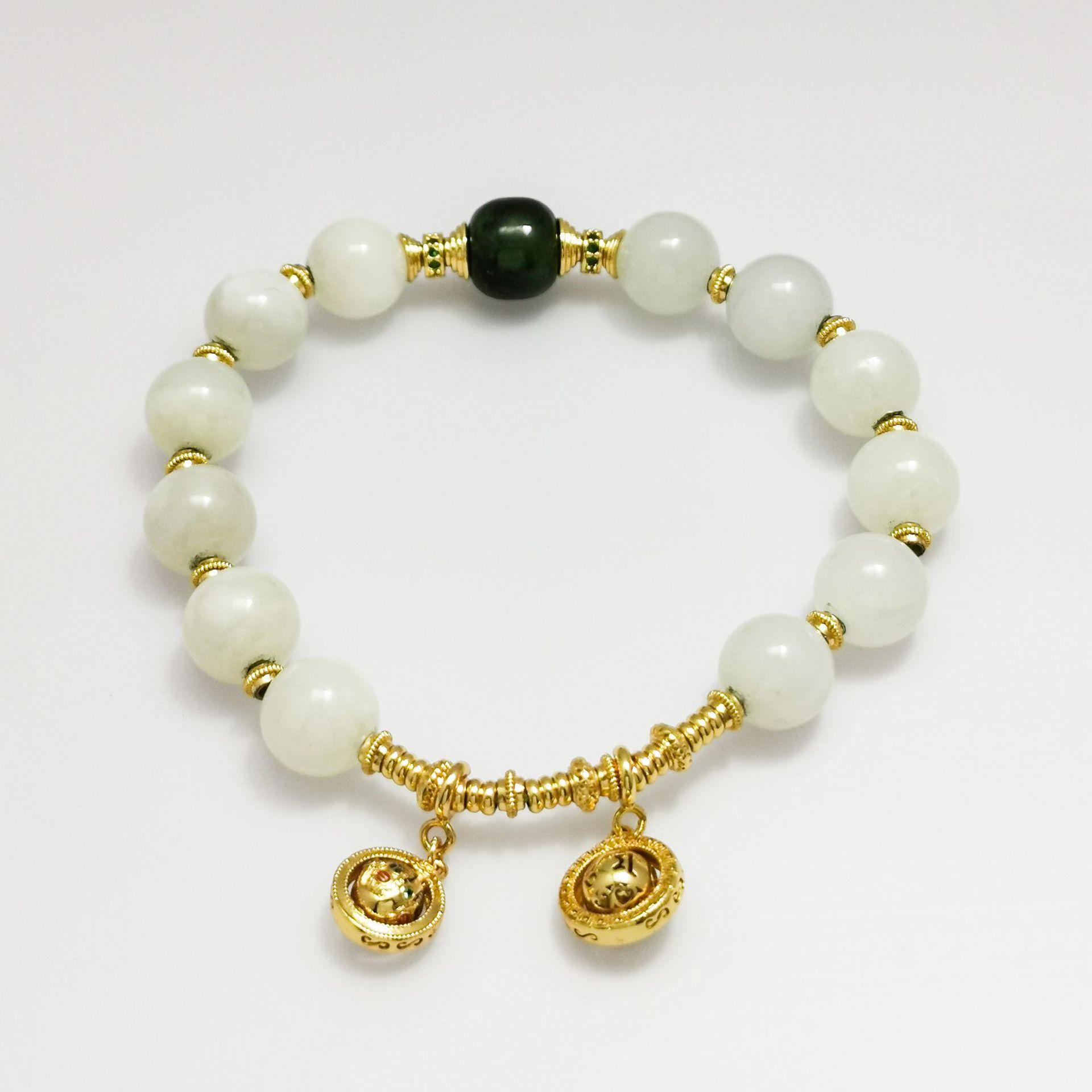 Elegant Hetian Jade Double Drop Bracelet with Lucky Bead Pendant Pure Natural