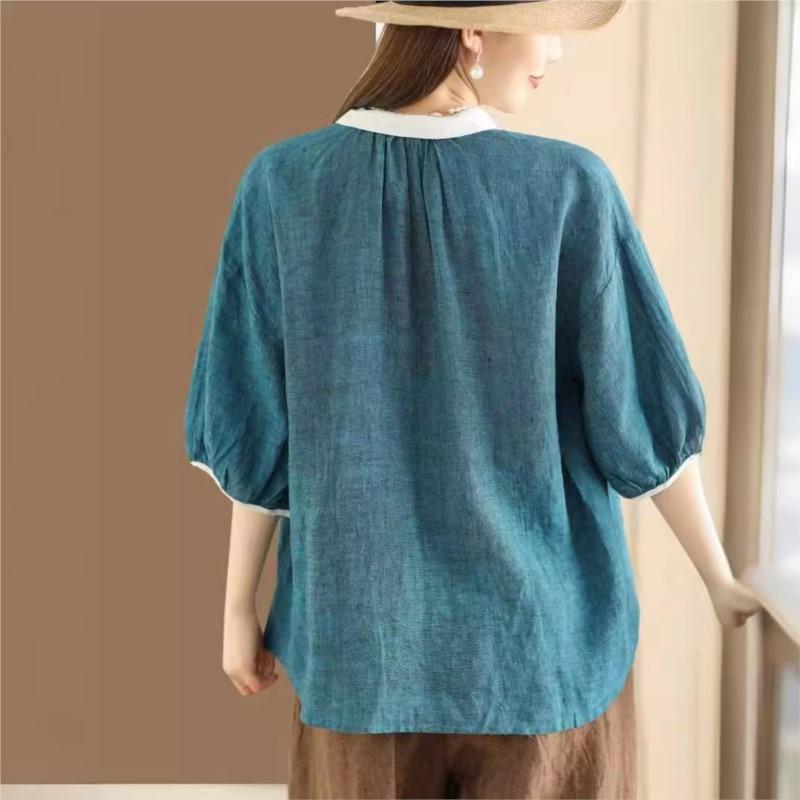 Johnature Women Vintage Summer Shirts Tops Turn-down Collar Half Sleeve Button Blouses Casual Women Shirts