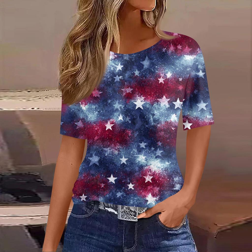 Damski modny, swobodny, krótki rękaw, nadruk, okrągły dekolt, bluzka typu pullover