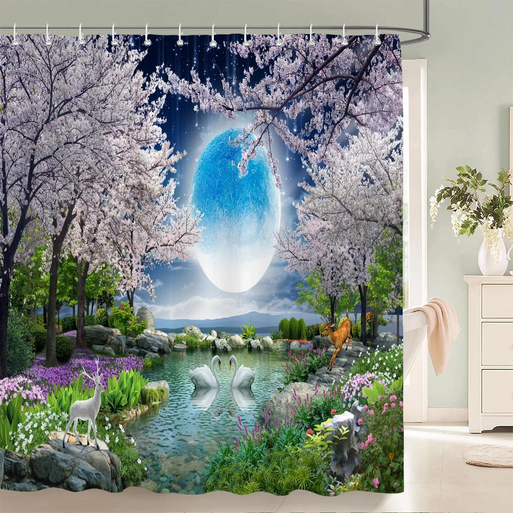 Textile Article Light Beautiful Natural Landscape Fabric Shower Curtain Bathroom Curtains Flowers Forest Waterfall Animal Bath Screen With 12 Hooks
