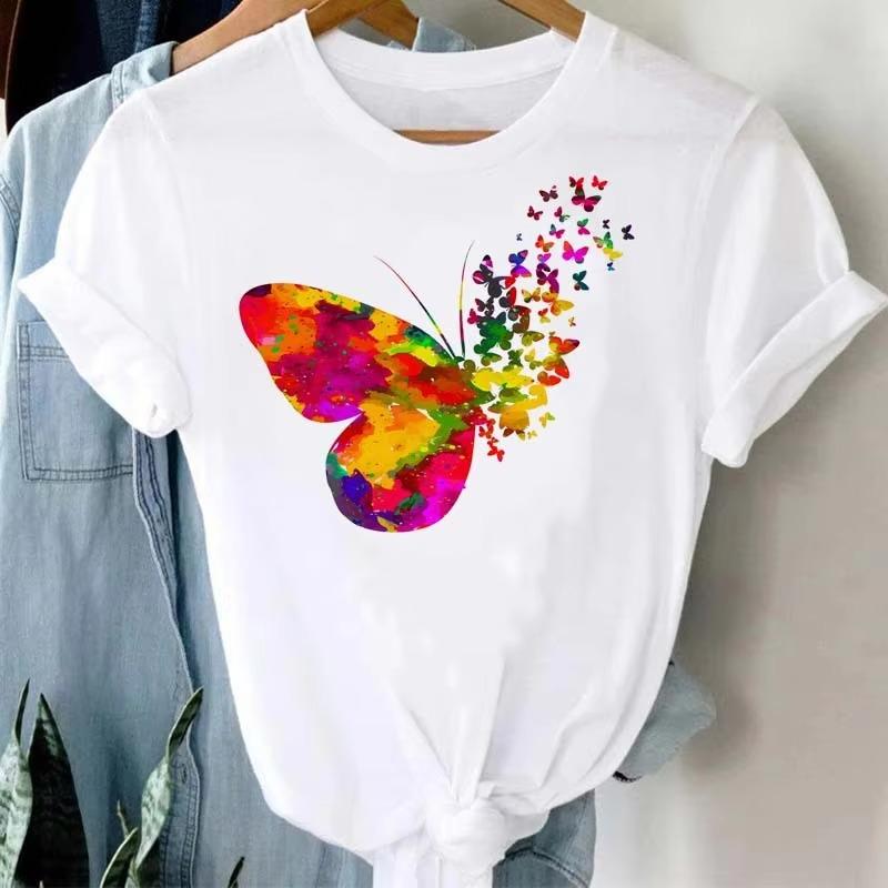 White Casual TShirt  Large Red Butterfly Print Surrounded By Multiple Small Red Butterflies Gentle Personalized Casual Top S