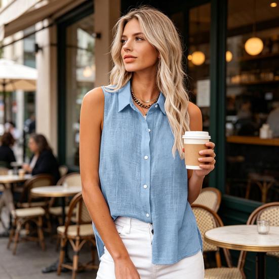 Women Shirt Lapel Sleeveless Button Down Shirt Pure Color Loose Fit